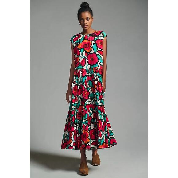 Anthropologie Corey Lynn Calter Tiered Short Sleeve Dress Size Medium Floral - Picture 1 of 16
